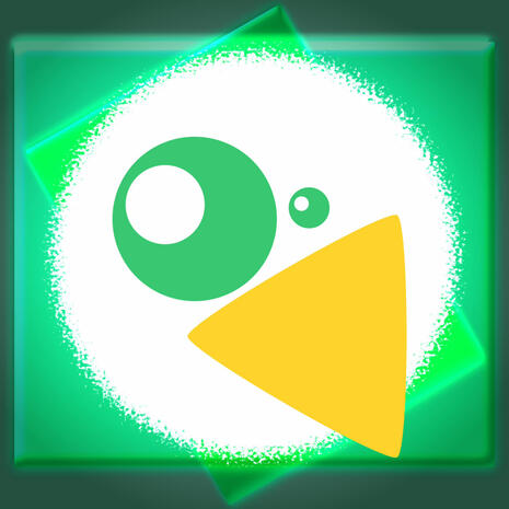 Chicken OUT! Two variable sizes of green circle and a rounded yellow triangle on a fuzzy white orb make up an abstract version of a chicken on a green background.